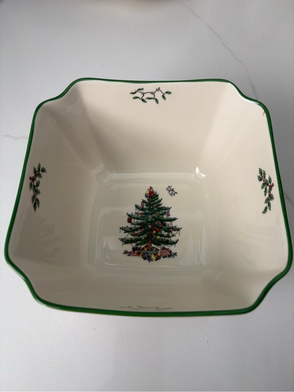 Spode Cream and Green Christmas Tree Square Serving Bowl. New w/tag. No damage